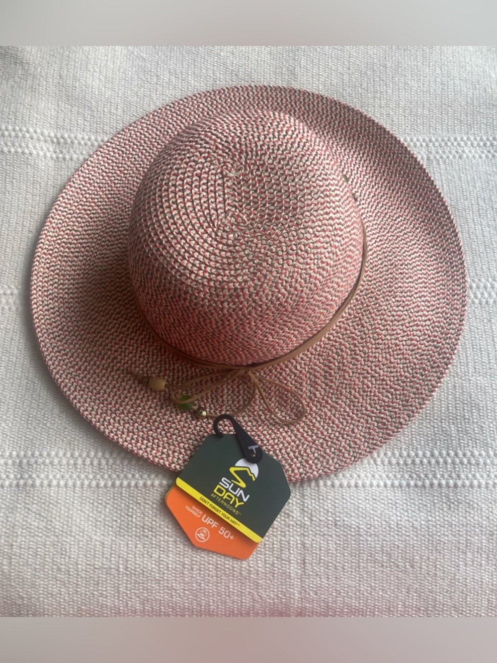 Sunday Pink-Reddish Woven Sun Hat with Tan Accent Band